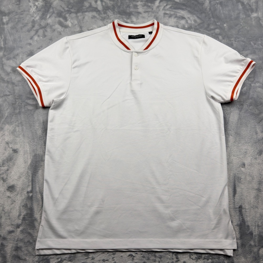 Kenneth Cole New York Mens XL White Band Collar Pique Polo Shirt Red Trim